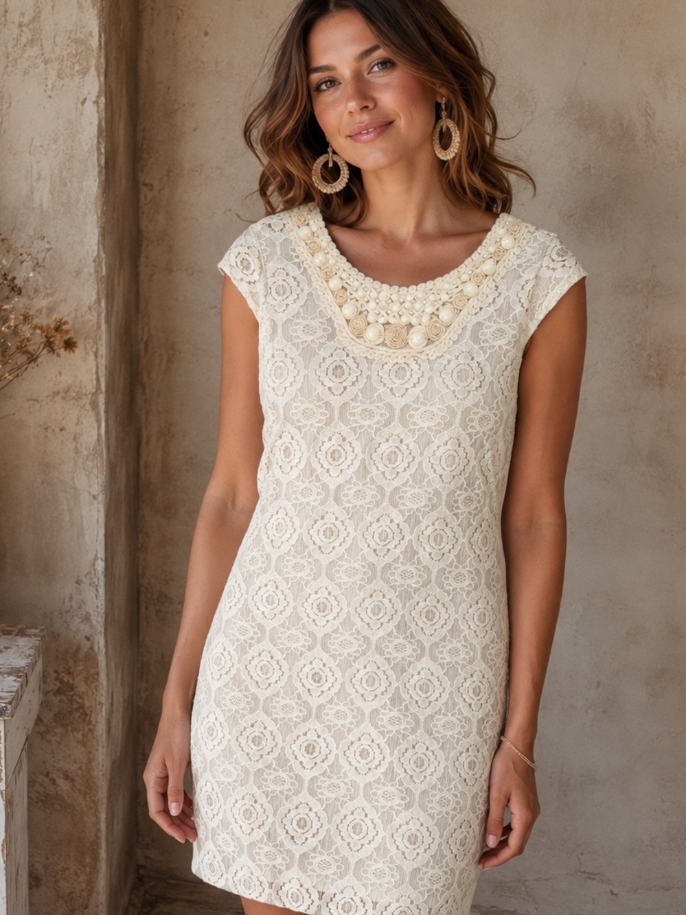 Vintage 90’s Cream Ivory Lace Beaded Pearl Embellished Dress Coquette Cocktail